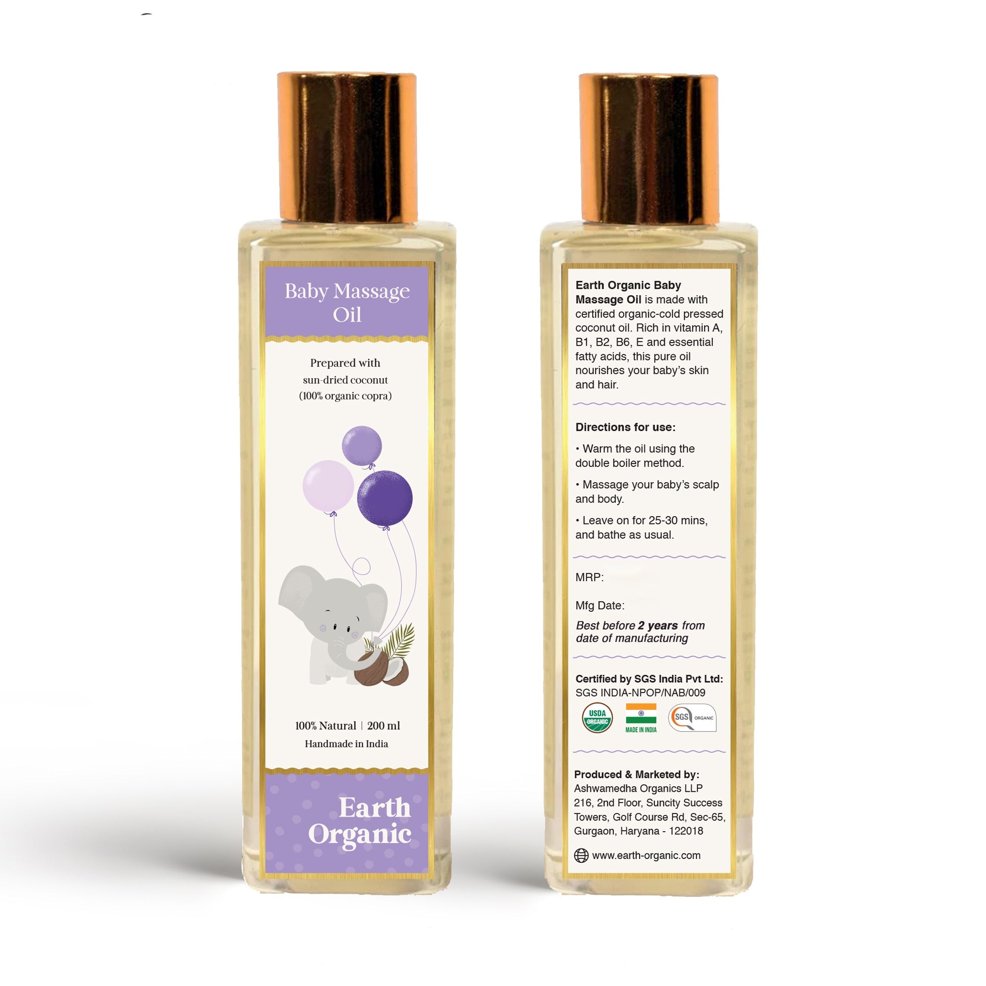 Earth Organic Baby Massage Oil Cold Pressed Coconut Oil for Baby Skin,Hair - The Earth Organic
